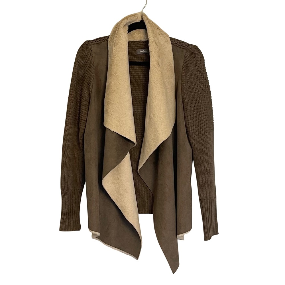 Neiman Marcus Womens Brown Faux Fur Mixed Media Knit‎ Drape Cardigan Medium